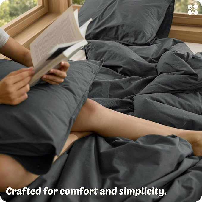 Bedsure Cotton Duvet Cover King - Luxury Slub Weave 100% Cotton Duvet Cover Set with a Linen Like Textured, Easy Change Durable Bedding Set 3 Pieces, Charcoal, 104" x 90"
