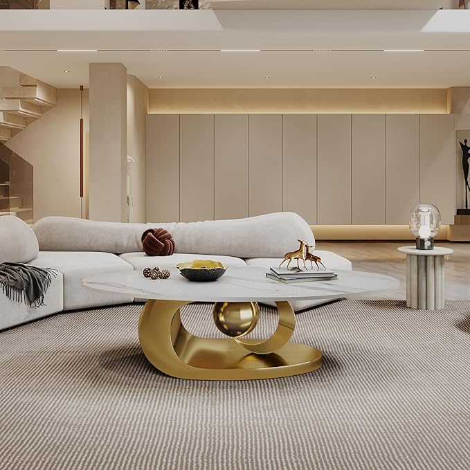 Modern Oval Sintered Stone Coffee Table, 49.2" White and Gold Rectangle Coffee Table with Faux Marble Top & Golden Geometric Stainless Steel Base, Rectangle Tea Center Table for Living Room