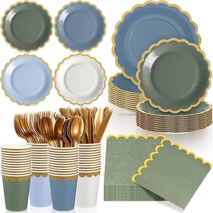 169 Pcs Blue and Sage Green Plates and Napkins Party Supplies for Guests Dusty Blue Tableware Include Scalloped Plates Paper Napkin Cup Spoon Fork Knife for Baby Shower, Wedding, Birthday