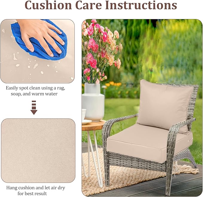 Waterproof Outdoor Chair Cushion Set of 2, 24x24x5 IN Deep Seat Patio Cushions with Fade Resistant Removable Cover,Outdoor Cushions for Patio Furniture with Ties&Handle for Chair Sofa Couch,Khaki