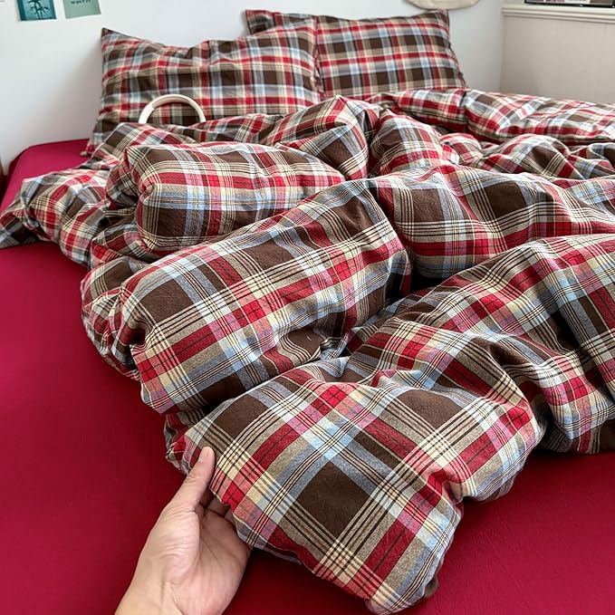 VM VOUGEMARKET Gingham Duvet Cover Set Twin XL,3 Pieces Washed Cotton Bedding Set for Teens,Breathable Luxury Buffalo Plaid Duvet Cover with Zipper Closure(Red&Brown)