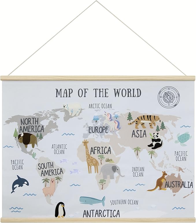 32 x 24 Inch Embroidered World Map Poster for Kids with Wood Hanger – Neutral Wall Décor for Boys and Girls Nursery, Bedroom and Playroom