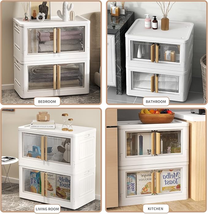 KHNR Storage Bins with Lids,78 Quart Plastic White Closet Organizers and Storage,4 Packs Stackable Bins with Wheels,Dual Open Collapsible Storage Bins for Home and Office