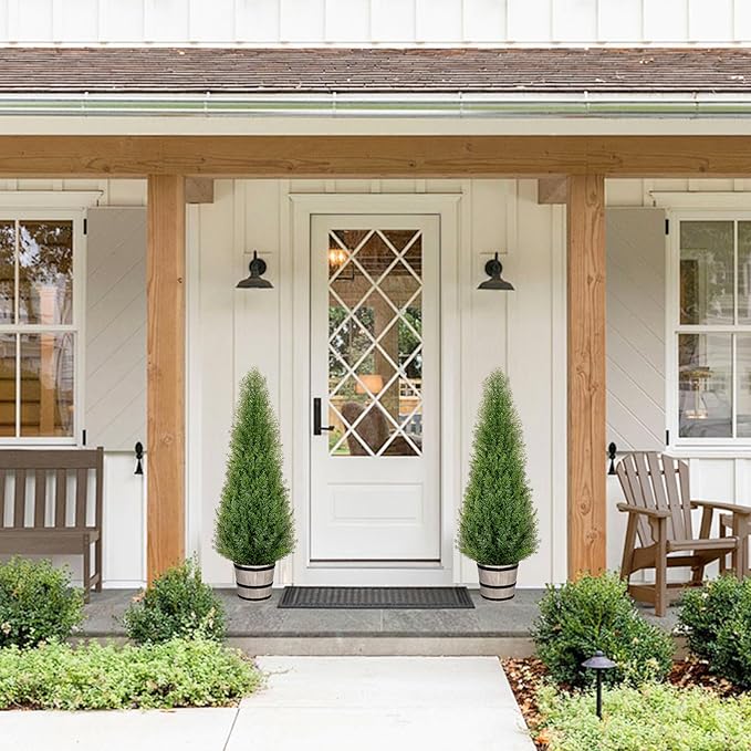 4FT Artificial Cedar Topiary Trees with Rustic Barrel Planter, Outdoor Indoor Realistic Faux Pine Shrubs Plants, Fake Cypress Trees for Home Offices Porch Decor, Set of 2