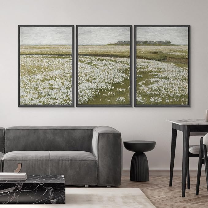 SIGNWIN Framed Canvas Print Wall Art Set White Daisy Flower Country Farm Field Nature Abstract Illustrations Decorative Nordic for Living Room, Bedroom, Office - 24"x36"x3 Black