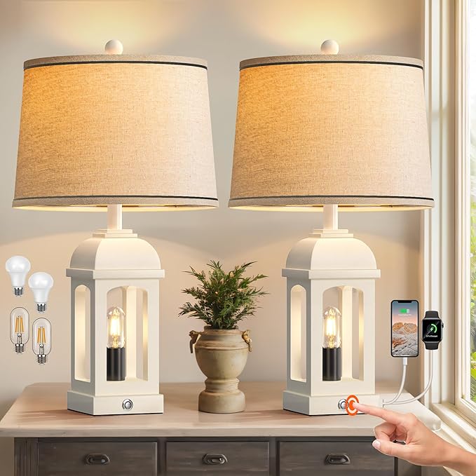 QiMH Table Lamp for Living Room, Farmhouse Lamps Set of 2 with USB A+C and Nightlight, 26" Rustic Bedside Lamps with 3-Way Dimmable, Touch Nightstand Lamp for Bedroom, White