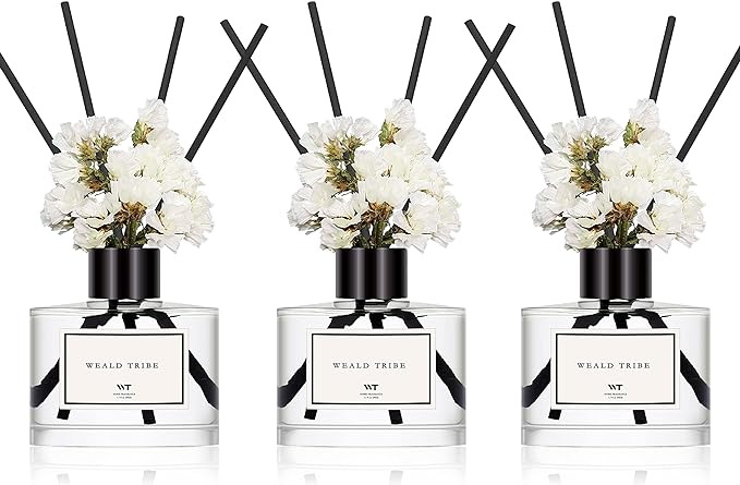 WEALD TRIBE Real Flower Reed Diffuser Set of 3 for Bathroom Shelf Decor, Lemongrass,Eucalyptus & Mint,Velvet Vanilla Scent Sticks Defusers with Essential Oils | Home Office Fragrance(1.7 fl oz/Pack)