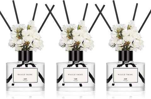 WEALD TRIBE Real Flower Reed Diffuser Set of 3 for Bathroom Shelf Decor, Lemongrass,Eucalyptus & Mint,Velvet Vanilla Scent Sticks Defusers with Essential Oils | Home Office Fragrance(1.7 fl oz/Pack)