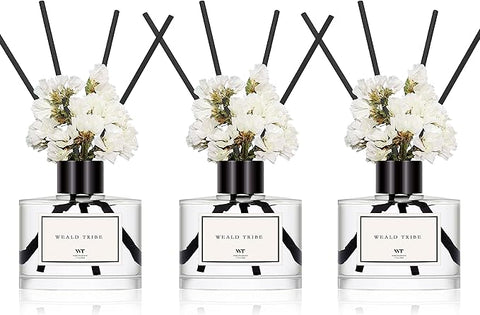WEALD TRIBE Flower Reed Diffuser Set of 3 for Bathroom Accessories Shelf Decor & Air Fresheners, Stick Defusers | Velvet Vanilla, Hotel White Tea, Tahitian Crown Flower Scent(1.7oz/Pack) Office Gift