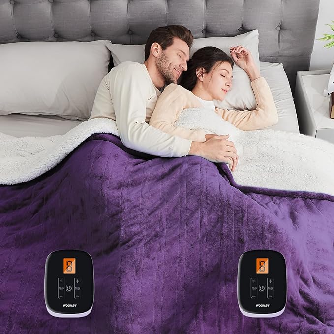 WOOMER Electric Heated Blanket King Size, Soft Flannel Fast Heating Blanket, Purple Color, 90"x 100", 10 Heating Levels & 0.5-12H Auto Off, Over-Heat Protection