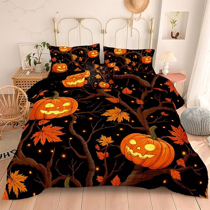 Black Pumpkin Bedding Happy Halloween Comforter Set Orange Pumpkin Lantern Spooky Ghost Festival Theme Black Halloween Bedding Set Queen Size