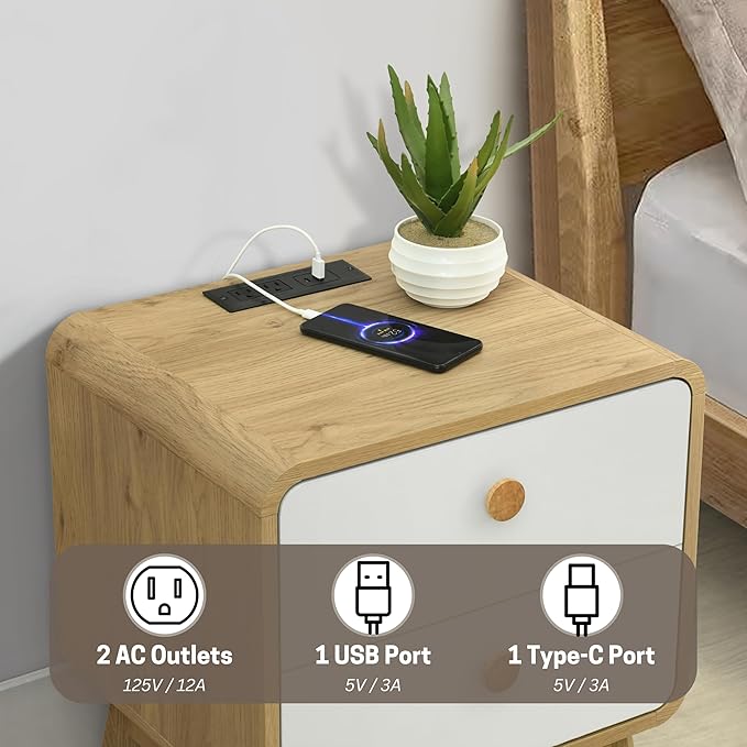 Aries Set of 2 Nightstands with Charging Station, 2 Drawer Bedside Tables with Storage, Night Stands for Bedroom, End Table or Side Table for Living Room, 15.7" x 18.9" x 21.7", Oak/White