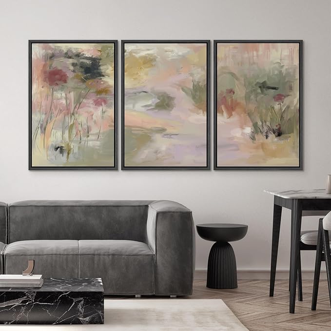 SIGNWIN Framed Canvas Print Wall Art Set Abstract Floral Garden in Soft Pastels Illustrations Modern Art Decorative Zen for Living Room, Bedroom, Office - 16"x24"x3 Black