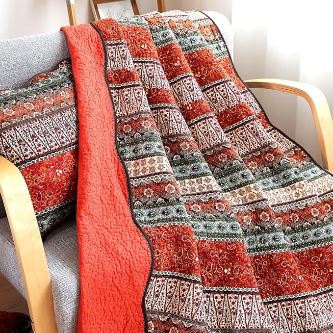 NEWLAKE Quilt Throw Blanket with Classical Floral Patchwork, Orange Jacquard, 60X78 Inch