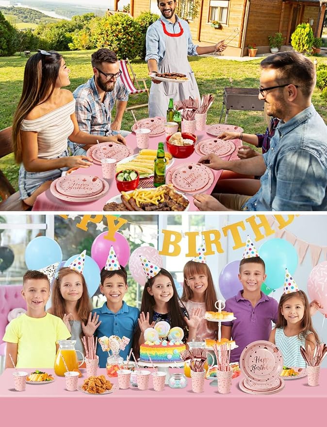 Birthday Party Tableware, 161 Pieces Pink and Rosegold Party Supplies, Party Dinnerware Sets Include Paper Plates Napkins Cups Silverware, for Shower Engagement Parties Decoration -20 Serves