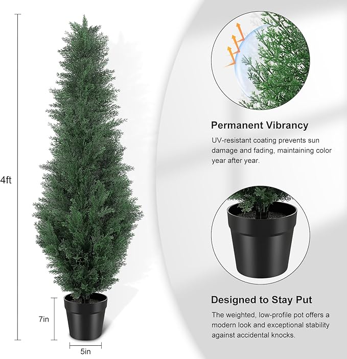 4FT Artificial Cedar Tree - Realistic Faux Cedar Trees for Outdoor Planters - Fake Cypress Trees for Front Porch - Faux Evergreen Plants for Home Porch Decor - Set of 2