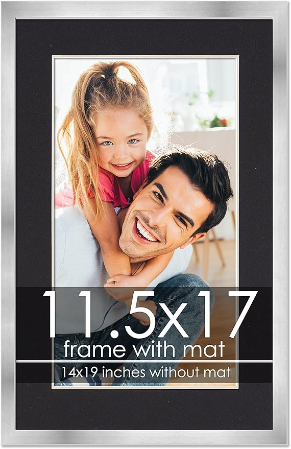 11.5x17 Frame with Mat - Silver 14x19 Frame Wood Made to Display Print or Poster Measuring 11.5 x 17 Inches with Black Photo Mat