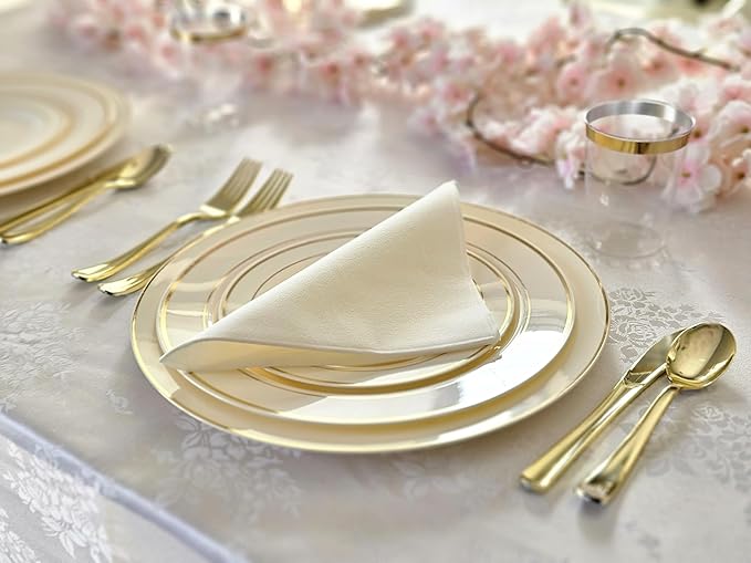 OCCASIONS 120 pcs Chargers pack Wedding Party 12'' Disposable Plastic Charger Plates/Chargers (Ivory & Gold Rim)