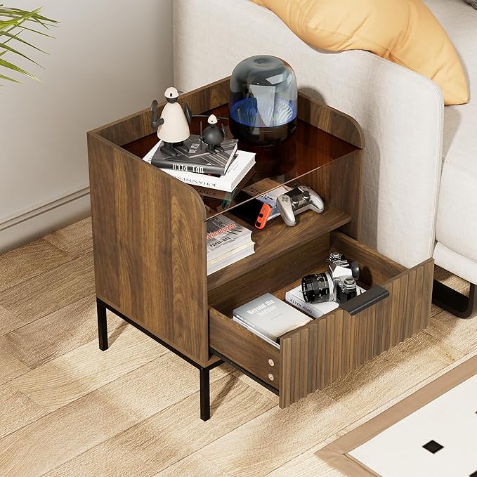 Nightstand Set of 2 with Charging Station, Mid Century Modern Night Stand, Fluted Bedside Table with Glass Top & Metal Legs, Wood End Table for Bedroom, Living Room (Walnut)