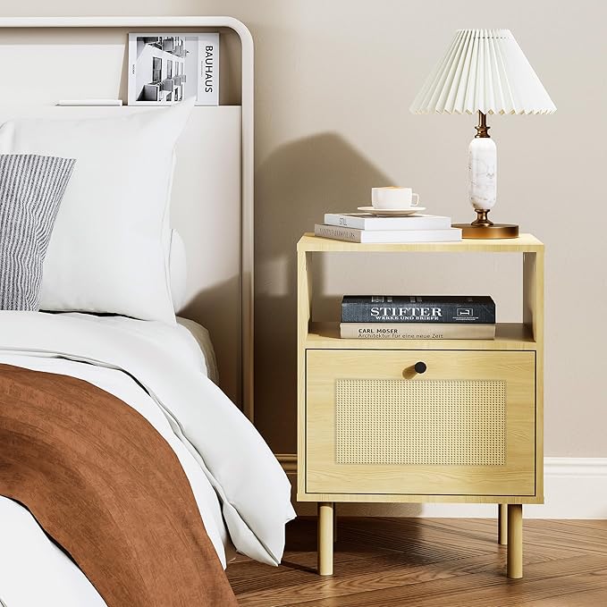 Rattan Nightstand with Storage Boho Modern Farmhouse Bedside Table with Drawer & Open Shelf Light Wood End Table for Bedroom, Living Room, Office, Dorm - Natural Walnut 0ak Color