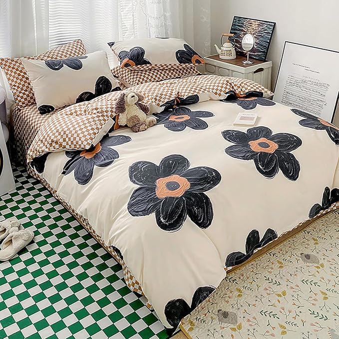 Luxlovery Boho Floral Comforter Set Queen Women Girls Black Sunflower Bedding Comforter Set Botanical Blanket Quilts Cute Beige Black Blossom Bedding Set for Queen Bed