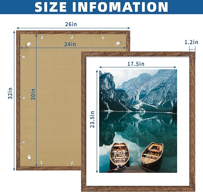 24x30 Frame Set of 2, Rustic Brown Wood Style - Display 18x24 Picture Frame with Mat or 24 x 30 Poster without Mat, Wall Mounting Horizontal and Vertical