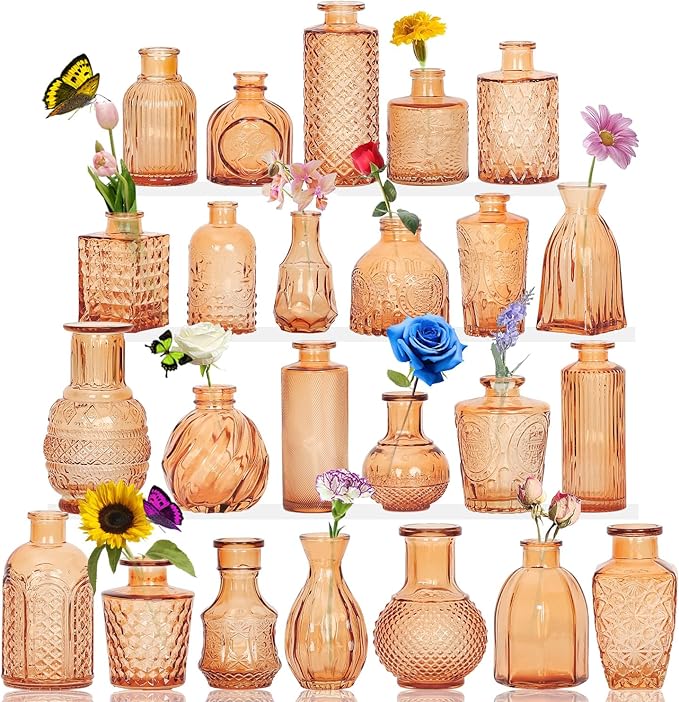24pcs Mini Bud Vases As Wedding Centerpieces for Tables,Clear Bud Vases for Flowers,Small Flower Vases Suitable for Birthday Party,Anniversary,Wedding Reception,Baby Shower (Amber