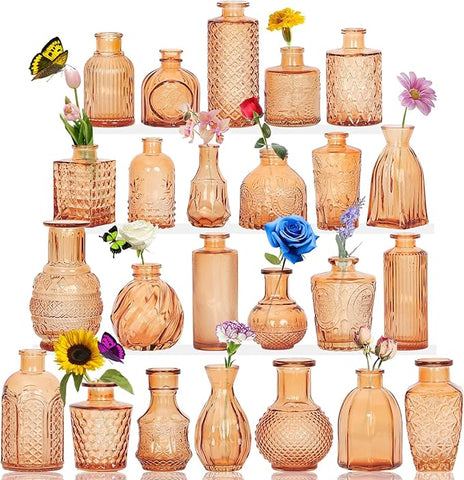 24pcs Mini Bud Vases As Wedding Centerpieces for Tables,Clear Bud Vases for Flowers,Small Flower Vases Suitable for Birthday Party,Anniversary,Wedding Reception,Baby Shower (Amber