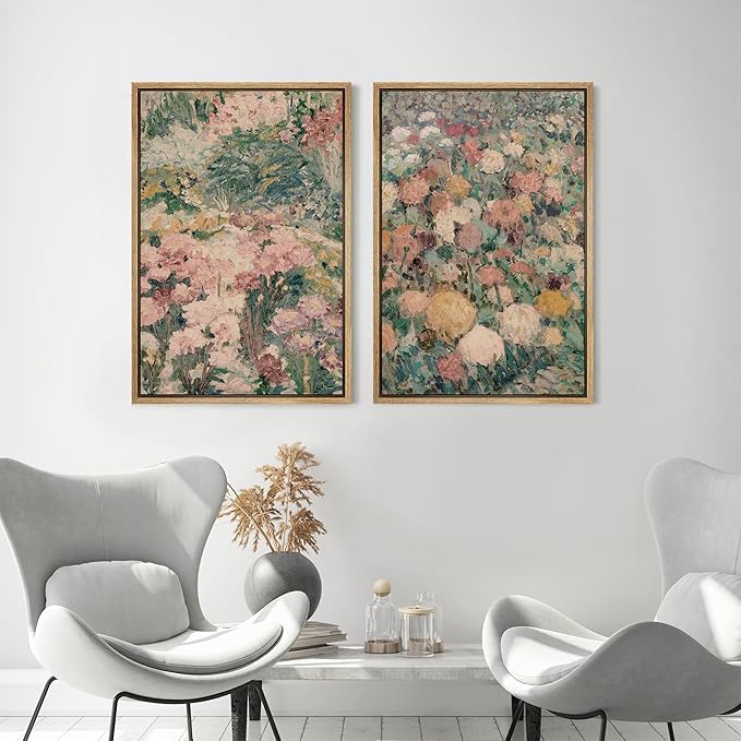 MUDECOR Framed Canvas Print Wall Art Impressionist Floral Garden Vintage Botanical Illustrations Modern Art Decorative Bohemian Colorful Chic for Living Room, Bedroom, Office - 16"x24"x2 Natural
