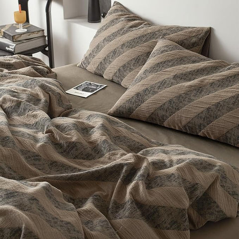 VM VOUGEMARKET Striped Bedding Duvet Cover King,3 Pieces Grey Khaki Diagonal Stripes Duvet Cover Sets,Linen Cotton Modern Simple Jacquard Comforter Cover with Zipper Ties