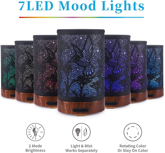 Essential Oil Diffuser - Multifunction Aromatherapy Diffuser 7 LED Color Changing Light 150ML Metal Diffuser Easy to Clean Suitable for Home,Office (Hummingbird)