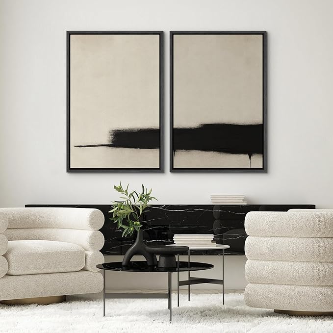 SIGNWIN Framed Wall Art Print Set Minimalist Black Brushstroke Abstract Neutral Beige and Black Illustrations Modern Art Rustic Relax/Calm for Living Room, Bedroom, Office - 24"x36"x2 BLACK