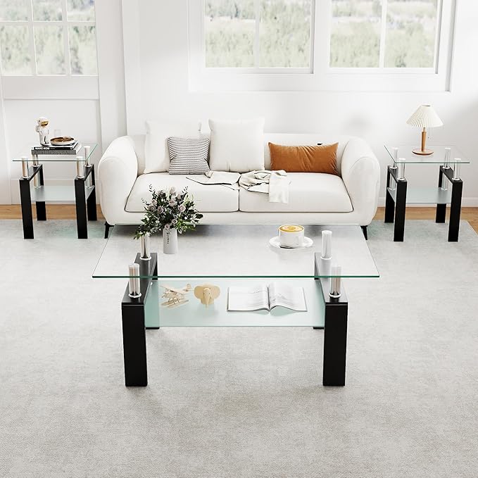 IANIYA 3 Piece Living Room Table Set, Modern Tempered Glass Coffee Table Set, Glass Coffee Table Black Metal Frame End Table for Living Room Apartment Small Space, Clear