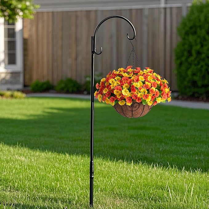 Artificial Hanging Flowers with Basket, Faux Silk Petunias Flower Arrangement, Coconut Lining with Morning Glories Fake Plants Patio Garden Porch Deck Fall Decor(Orange Yellow)