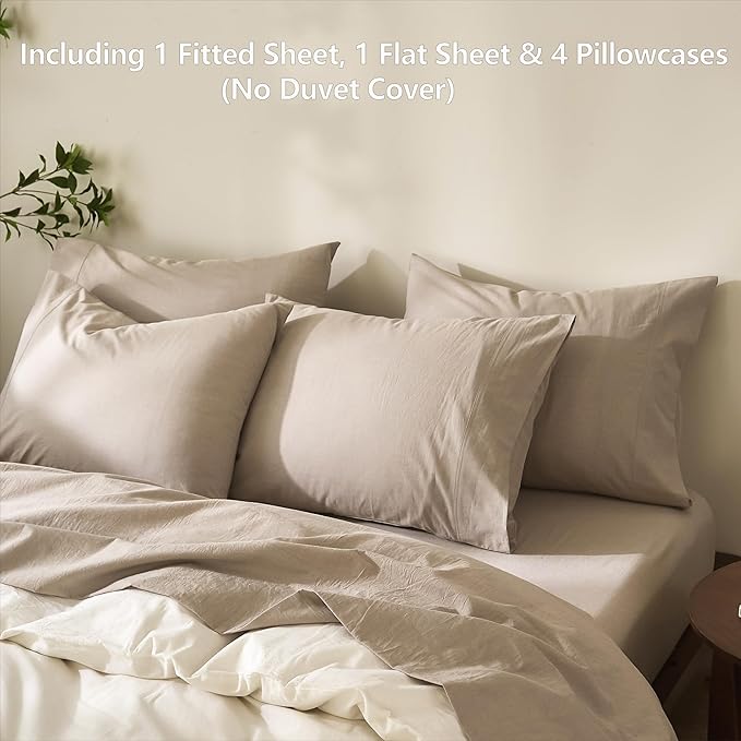 100% Cotton 6-Piece King Size 108" x 102" Bedding Set - Fitted Sheet, Flat Sheet & 4 Pillowcases with 17" Deep Pocket,Soft Breathable Bed Sheets for Cozy Sleep,Linen Grey