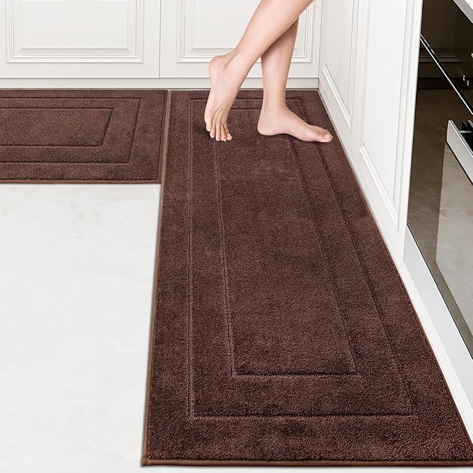 PURRUGS Machine Washable Kitchen Rug Set [2 PCS] (24" x 35.5"+ 24" x 59"), Non-Slip/Skid Kitchen Runner Rugs & Floor Mats, Super Absorbent Soft Standing Mats for Kitchen, Laundry & Sink, Brown