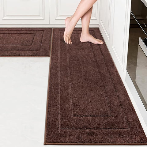 PURRUGS Machine Washable Kitchen Rug Set [2 PCS] (24" x 35.5"+ 24" x 59"), Non-Slip/Skid Kitchen Runner Rugs & Floor Mats, Super Absorbent Soft Standing Mats for Kitchen, Laundry & Sink, Brown