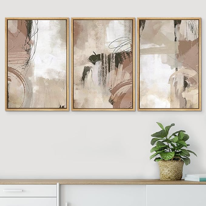 SIGNWIN Framed Canvas Print Wall Art Set Brown Pastel Watercolor Paint Strokes Shapes Abstract Illustrations Modern Art Decorative Nordic Calm for Living Room, Bedroom, Office - 16"x24"x3 Natural