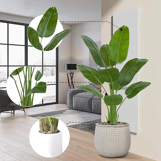 Artificial Bird of Paradise Plant 4FT Fake Palm Tree Feaux Plants in White Pot Artificial Tree Fake Plant for Indoor Outdoor Modern Decoration for Home Living Room Office