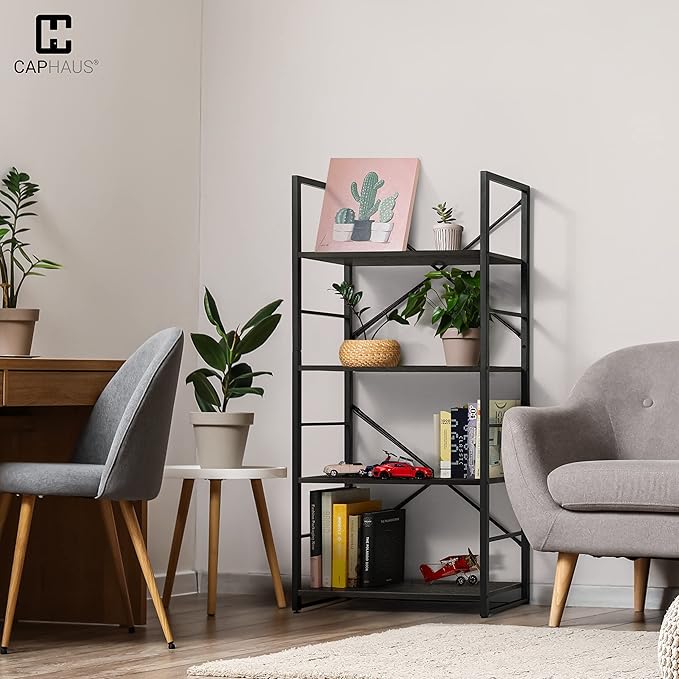 CAPHAUS 4 Tier Bookshelf, 24 Inch Width Free Standing Shelf, Bookcase Shelf Storage Organizer, Industrial Book Shelves for Home Office, Living Room, Kitchen, Black Vintage Shelves & Metal Frame