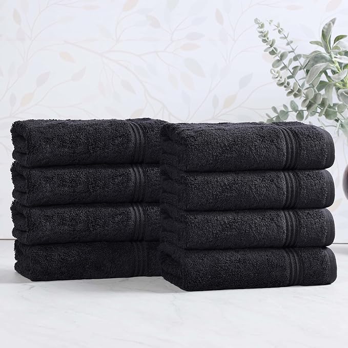 Superior Egyptian Cotton 8-Piece Hand Towel Set, Towel Basics For Quick Dry, Absorbent Small Towels, Facial, Spa, Kitchen, Bathroom Essentials, Apartment, Guest Bath, Soft, Washcloth, Black