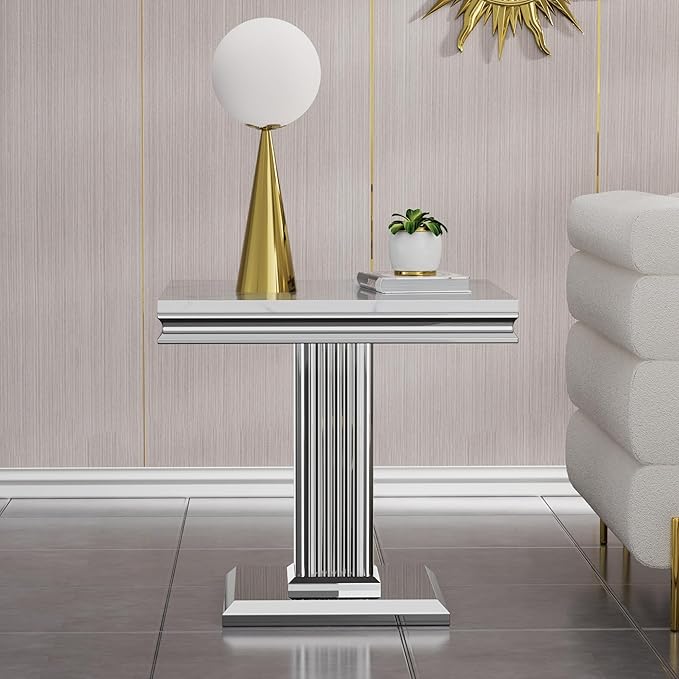 SSLine Modern White Faux Marble End Table Luxury Square Sofa Side Table with Silver Pedestal Base Mid-Century Elegant Bedside Table w/Mirrored Stainless Steel Frame for Living Room Bedroom