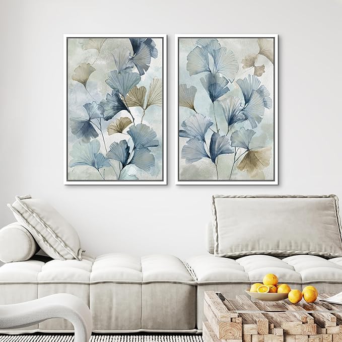 MUDECOR Framed Canvas Print Wall Art Blue Ginkgo Flower Illustrations Modern Art Decorative Bohemian Colorful Chic for Living Room, Bedroom, Office - 24"x36"x2 White