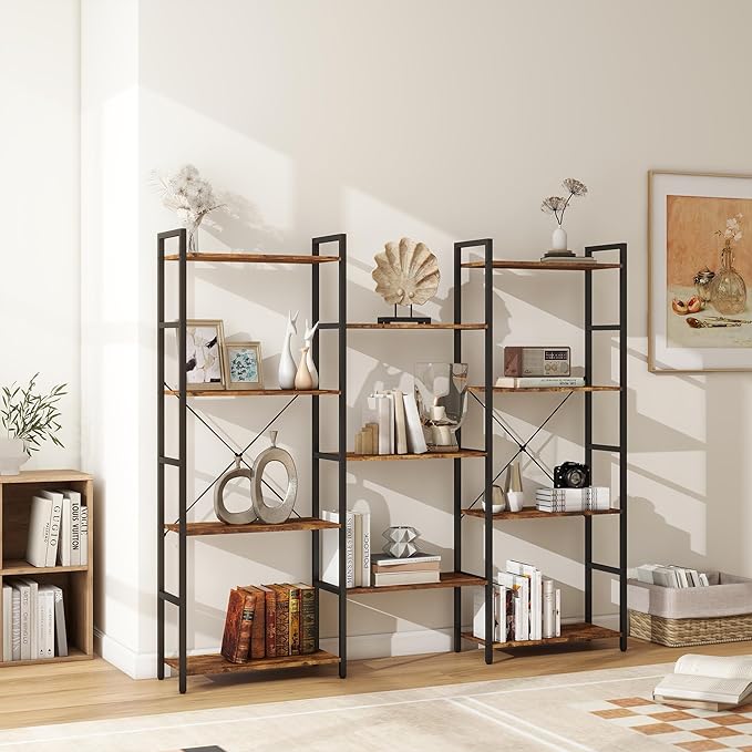 Panana Triple 4/5/6 Tier Bookshelf, Industrial Bookcase with 11/14/17 Open Display Shelves Wide Book Shelf Book Case with Metal Frame for Living Room Home Office (Brown, 4 Tier)