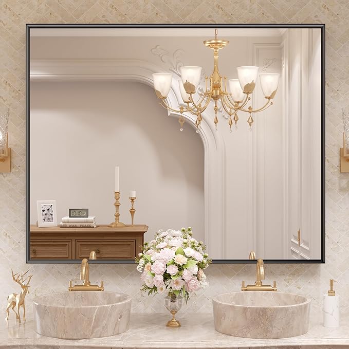 LOAAO Black Bathroom Mirror 40"X30" for Wall, Rectangle Bathroom Vanity Mirror, Tempered Glass, Hangs Vertically or Horizontally, Easy to Install, Modern Design