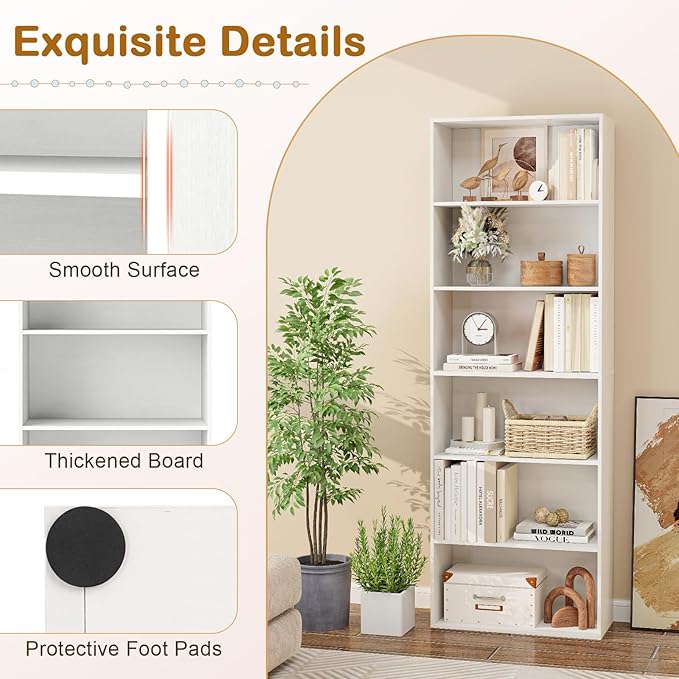 Tangkula 6-Tier Bookcase, 70” Tall Freestanding Bookshelf with 6 Open Shelves, Anti-Toppling Kits, Floor Display Storage Organizer for Living Room, Study, Kitchen, Home & Office (White, 70" H)