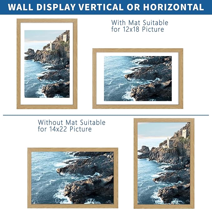 14x22 Picture Frame Set of 2, Natural Oak Wood Style - Display 14 x 22 Picture without Mat or 12x18 Picture with Mat, Wall Mounting Horizontal and Vertical