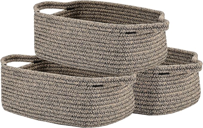 KALLAX Small Woven Basket, 12 x 8 x 4.5 Inches, Small Storage Baskets for Organizing, Gift Baskets Empty, Cute Rope Shelf Closet Storage Bins for Shelves, Dog Toy Basket, 3 Packs, Black & Brown Mixed