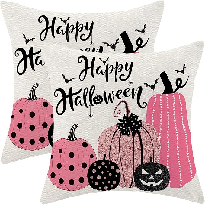 Halloween Pillow Covers 18x18 inches Set of 2 Pink Black Pumpkin Decorative Farmhouse Throw Pillow Covers Outdoor Happy Halloween Decor Farmhouse Linen Cushion Case for Home Sofa Decoration