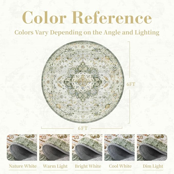 PADOOR-Vintage 6FT Round Rug-Rugs for Living Room-Soft Green Circle Rug-Machine Washable Rugs for Bedroom-Non Slip Carpet-Rug for Dining Room Living Room Bedside Office